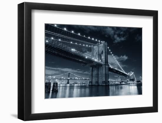 Brooklyn Bridge over East River at Night in Black and White in New York City Manhattan with Lights-Songquan Deng-Framed Photographic Print