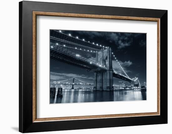 Brooklyn Bridge over East River at Night in Black and White in New York City Manhattan with Lights-Songquan Deng-Framed Photographic Print