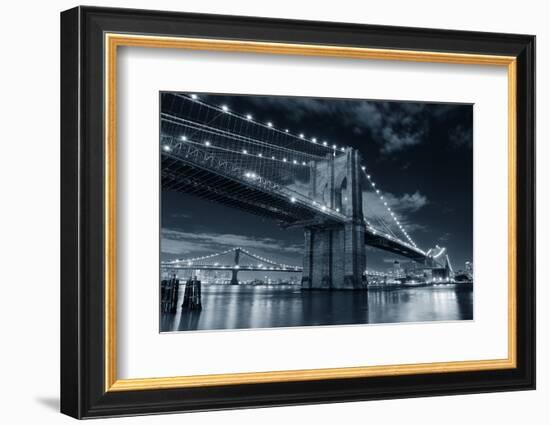 Brooklyn Bridge over East River at Night in Black and White in New York City Manhattan with Lights-Songquan Deng-Framed Photographic Print