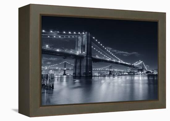 Brooklyn Bridge Over East River At Night In Black And White In New York City Manhattan-Songquan Deng-Framed Premier Image Canvas