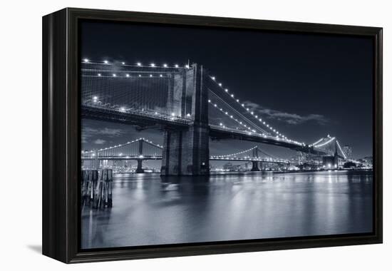 Brooklyn Bridge Over East River At Night In Black And White In New York City Manhattan-Songquan Deng-Framed Premier Image Canvas