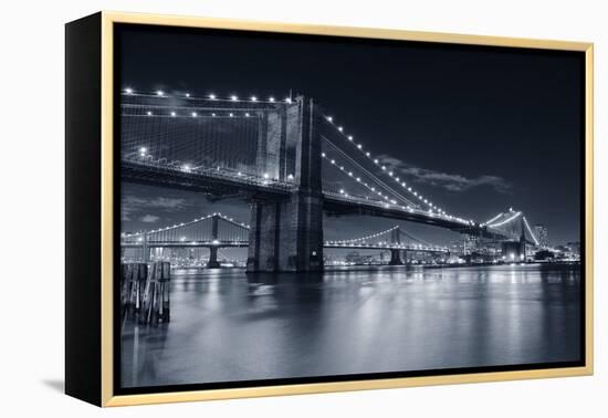 Brooklyn Bridge Over East River At Night In Black And White In New York City Manhattan-Songquan Deng-Framed Premier Image Canvas