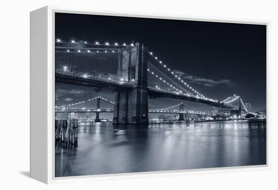 Brooklyn Bridge Over East River At Night In Black And White In New York City Manhattan-Songquan Deng-Framed Premier Image Canvas