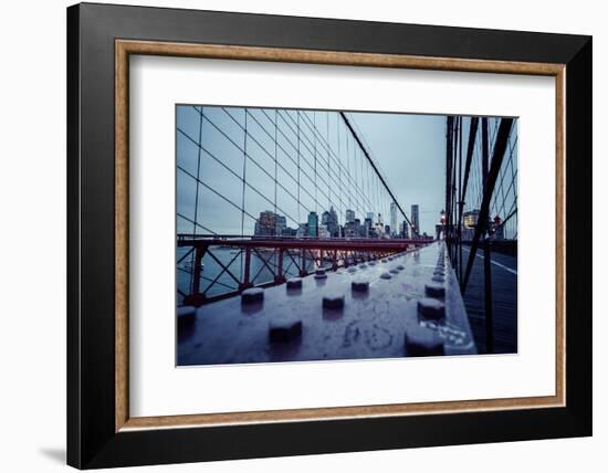 Brooklyn Bridge, rainy evening, skyscrapers and skyline of Manhattan, New York, USA-Andrea Lang-Framed Photographic Print