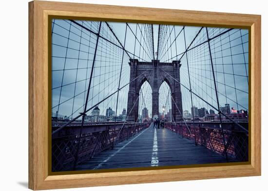 Brooklyn Bridge, rainy evening, skyscrapers and skyline of Manhattan, New York, USA-Andrea Lang-Framed Premier Image Canvas