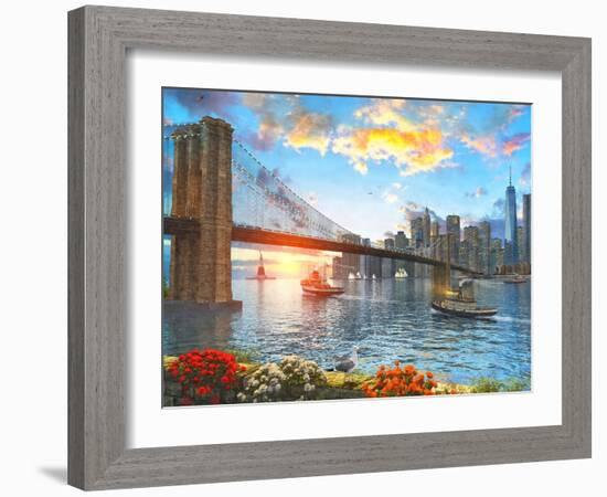 Brooklyn Bridge Sunset-Dominic Davison-Framed Art Print