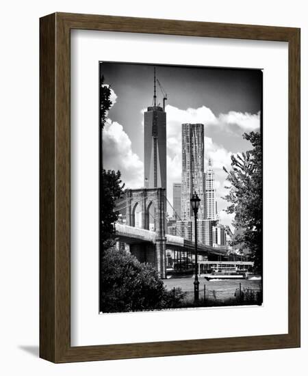 Brooklyn Bridge View with One World Trade Center, Black and White Photography, Manhattan, NYC, US-Philippe Hugonnard-Framed Premium Giclee Print