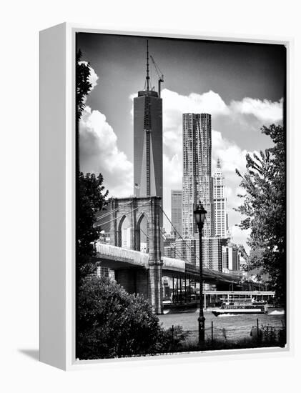 Brooklyn Bridge View with One World Trade Center, Black and White Photography, Manhattan, NYC, US-Philippe Hugonnard-Framed Stretched Canvas