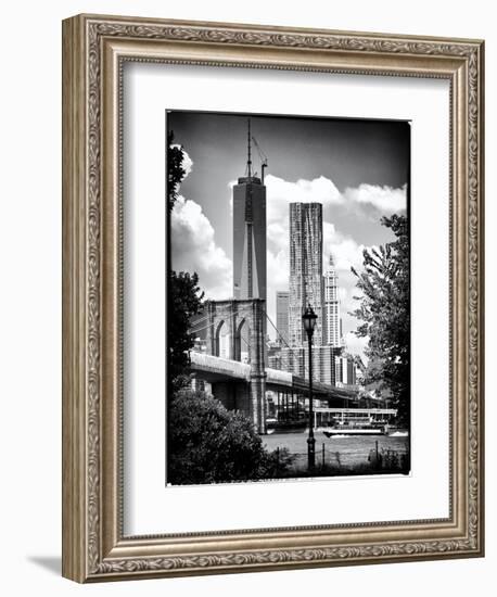 Brooklyn Bridge View with One World Trade Center, Black and White Photography, Manhattan, NYC, US-Philippe Hugonnard-Framed Art Print