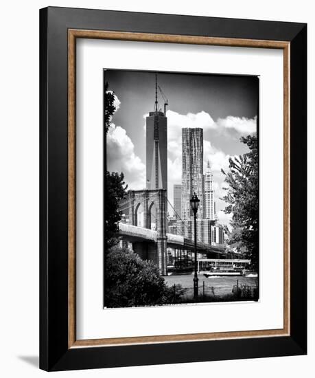 Brooklyn Bridge View with One World Trade Center, Black and White Photography, Manhattan, NYC, US-Philippe Hugonnard-Framed Art Print