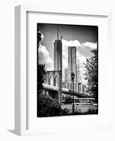 Brooklyn Bridge View with One World Trade Center, Black and White Photography, Manhattan, NYC, US-Philippe Hugonnard-Framed Art Print