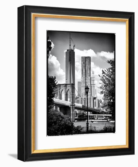 Brooklyn Bridge View with One World Trade Center, Black and White Photography, Manhattan, NYC, US-Philippe Hugonnard-Framed Art Print