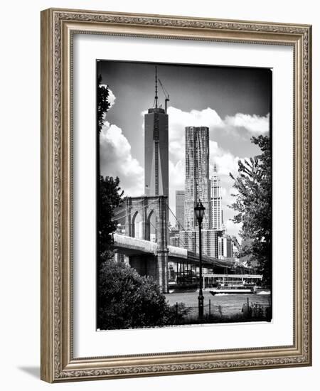 Brooklyn Bridge View with One World Trade Center, Black and White Photography, Manhattan, NYC, US-Philippe Hugonnard-Framed Art Print