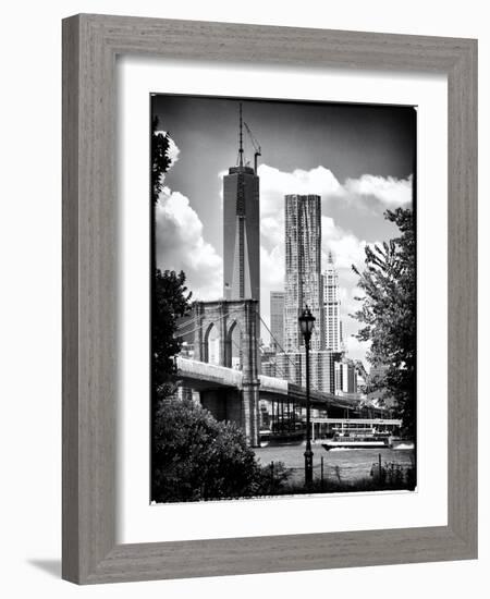 Brooklyn Bridge View with One World Trade Center, Black and White Photography, Manhattan, NYC, US-Philippe Hugonnard-Framed Art Print