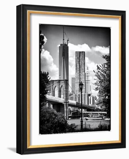 Brooklyn Bridge View with One World Trade Center, Black and White Photography, Manhattan, NYC, US-Philippe Hugonnard-Framed Art Print