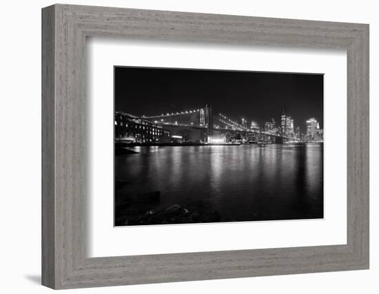 Brooklyn Bridge with Lower Manhattan at Night, Brooklyn New York City-George Oze-Framed Photographic Print