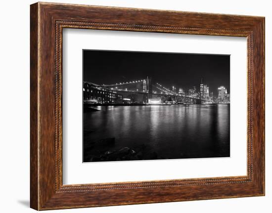 Brooklyn Bridge with Lower Manhattan at Night, Brooklyn New York City-George Oze-Framed Photographic Print