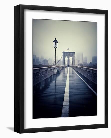 Brooklyn Bridge with Overcast Manhattan Skyline in the Background-Frina-Framed Photographic Print