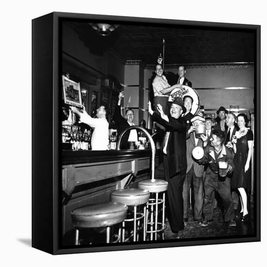 Brooklyn Dodger Fans at a Bar Celebrating Dodgers' Winning of the National League Pennant-George Strock-Framed Premier Image Canvas