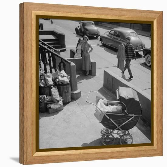 Brooklyn Street Scene, Baby Carriage, Two Women, and a Boy Carrying Dry Cleaning, NY, 1949-Ralph Morse-Framed Premier Image Canvas