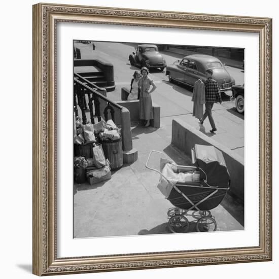 Brooklyn Street Scene, Baby Carriage, Two Women, and a Boy Carrying Dry Cleaning, NY, 1949-Ralph Morse-Framed Photographic Print