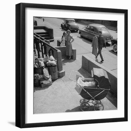 Brooklyn Street Scene, Baby Carriage, Two Women, and a Boy Carrying Dry Cleaning, NY, 1949-Ralph Morse-Framed Photographic Print