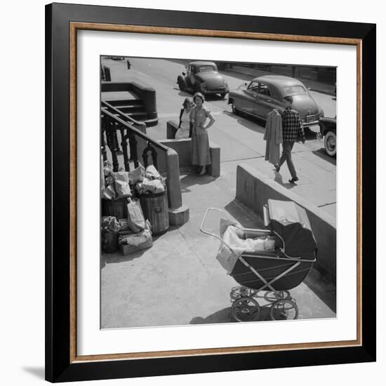 Brooklyn Street Scene, Baby Carriage, Two Women, and a Boy Carrying Dry Cleaning, NY, 1949-Ralph Morse-Framed Photographic Print