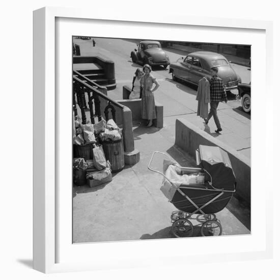 Brooklyn Street Scene, Baby Carriage, Two Women, and a Boy Carrying Dry Cleaning, NY, 1949-Ralph Morse-Framed Photographic Print