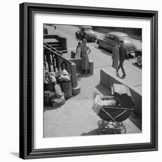 Brooklyn Street Scene, Baby Carriage, Two Women, and a Boy Carrying Dry Cleaning, NY, 1949-Ralph Morse-Framed Photographic Print