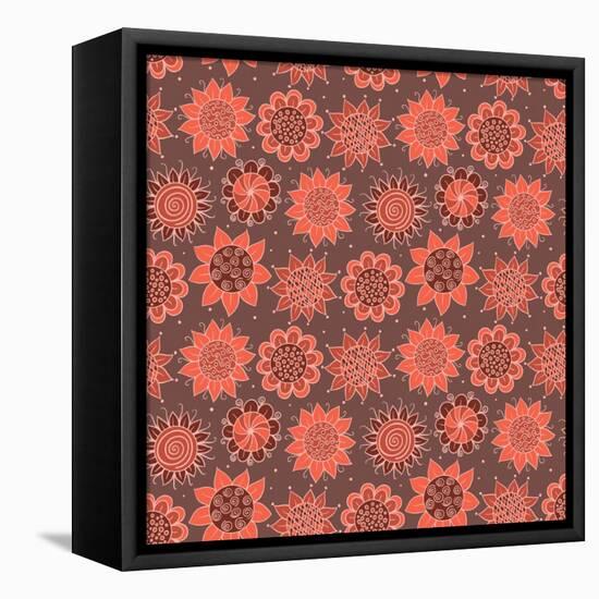 Brown and Orange Doodle Seamless Flower Pattern-nad_o-Framed Stretched Canvas