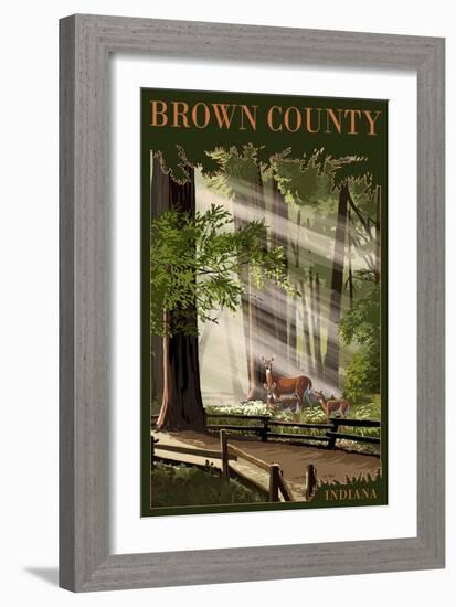 Brown County, Indiana - Deer and Fawns-Lantern Press-Framed Art Print