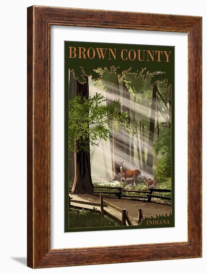 Brown County, Indiana - Deer and Fawns-Lantern Press-Framed Art Print