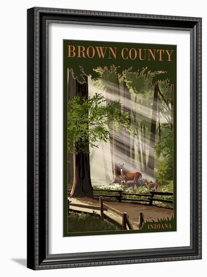 Brown County, Indiana - Deer and Fawns-Lantern Press-Framed Art Print