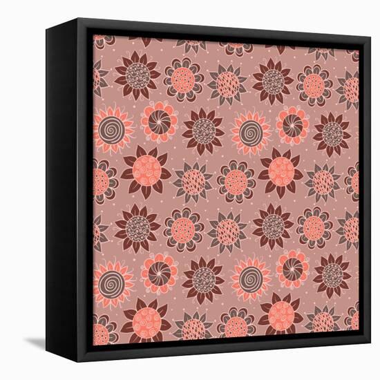 Brown Doodle Seamless Flower Pattern-nad_o-Framed Stretched Canvas