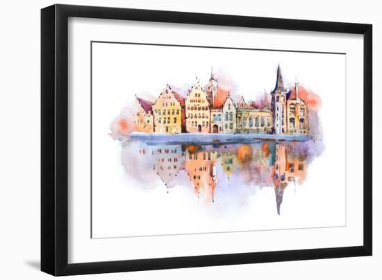 Bruges Cityscape Watercolor Drawing, Belgium. Brugge Canal Aquarelle Painting-undrey-Framed Art Print