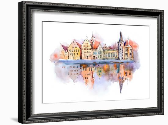 Bruges Cityscape Watercolor Drawing, Belgium. Brugge Canal Aquarelle Painting-undrey-Framed Art Print