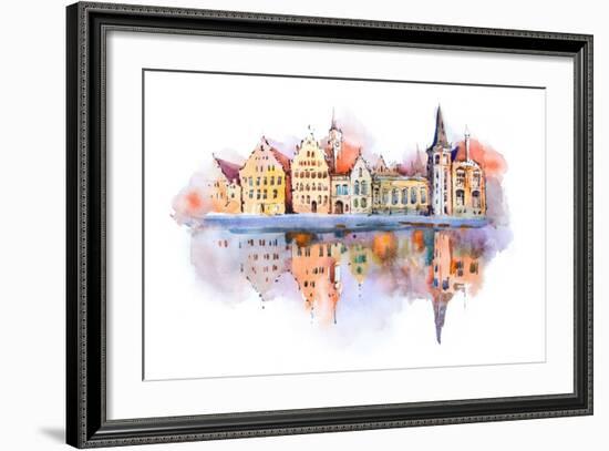 Bruges Cityscape Watercolor Drawing, Belgium. Brugge Canal Aquarelle Painting-undrey-Framed Art Print