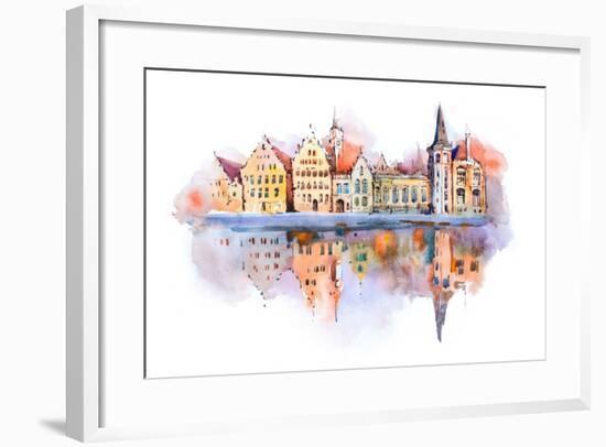 Bruges Cityscape Watercolor Drawing, Belgium. Brugge Canal Aquarelle Painting-undrey-Framed Art Print