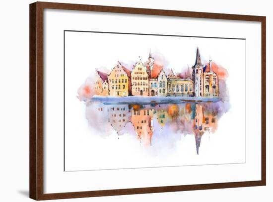 Bruges Cityscape Watercolor Drawing, Belgium. Brugge Canal Aquarelle Painting-undrey-Framed Art Print