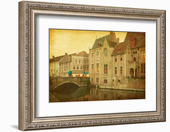 Bruges Historic Centre, Belgium. Photo in Retro Style. Paper Texture.-A_nella-Framed Photographic Print