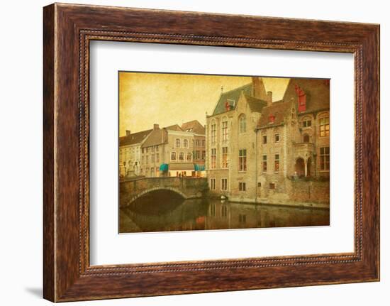 Bruges Historic Centre, Belgium. Photo in Retro Style. Paper Texture.-A_nella-Framed Photographic Print