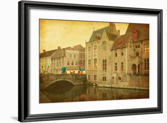 Bruges Historic Centre, Belgium. Photo in Retro Style. Paper Texture.-A_nella-Framed Photographic Print