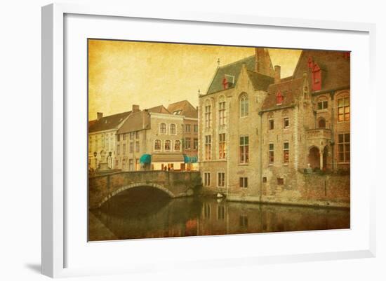 Bruges Historic Centre, Belgium. Photo in Retro Style. Paper Texture.-A_nella-Framed Photographic Print