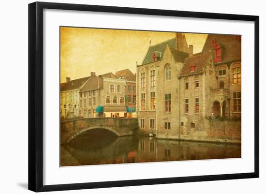 Bruges Historic Centre, Belgium. Photo in Retro Style. Paper Texture.-A_nella-Framed Photographic Print