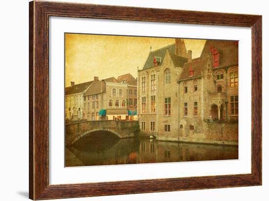 Bruges Historic Centre, Belgium. Photo in Retro Style. Paper Texture.-A_nella-Framed Photographic Print