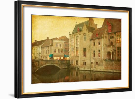 Bruges Historic Centre, Belgium. Photo in Retro Style. Paper Texture.-A_nella-Framed Photographic Print