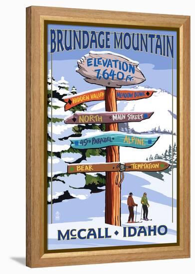 Brundage Mountain, McCall, Idaho - Ski Destination Signpost-Lantern Press-Framed Stretched Canvas