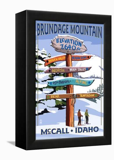 Brundage Mountain, McCall, Idaho - Ski Destination Signpost-Lantern Press-Framed Stretched Canvas