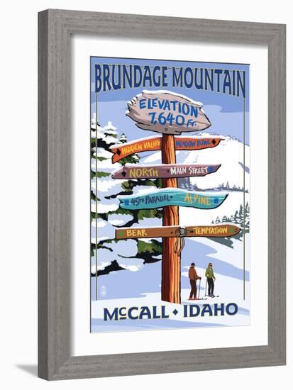 Brundage Mountain, McCall, Idaho - Ski Destination Signpost-Lantern Press-Framed Premium Giclee Print