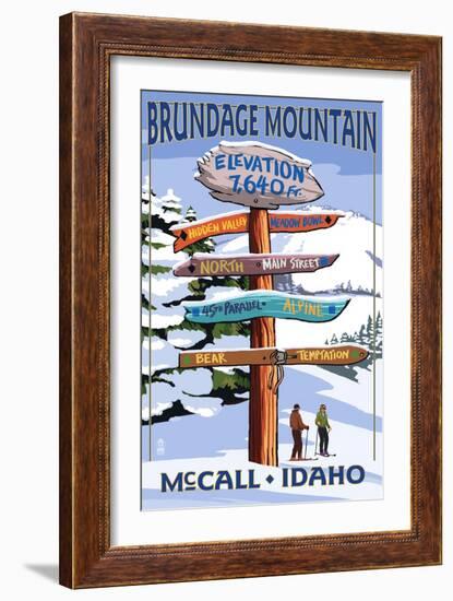 Brundage Mountain, McCall, Idaho - Ski Destination Signpost-Lantern Press-Framed Premium Giclee Print